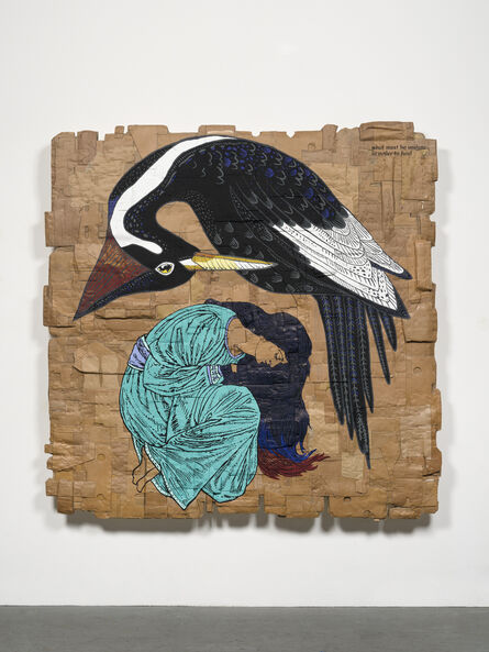 Andrea Bowers, ‘Eco Grief Extinction Series, We Do Not Dare the Vortex of Undoing What Must Be Undone in Order to Heal (Quote by Deena Metzger; Bird: Ivory-Billed Woodpecker, Declared Extinct October 2021; Figure: Joseph Gasking, The Rose Elf, 1893)’, 2022