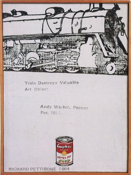 Richard Pettibone, ‘Train Destroys Valuable Art Object; Andy Warhol, "Campbell's Soup Can (Pepper Pot)", 1962’, 1964