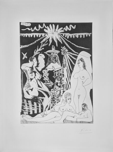 Pablo Picasso, ‘HOMME ALLONGE, AVEC DEUX FEMMES, EVOQUANT LES RAPPORTS D'UN VIEUX CLOWN ET D'UNE JEUNE FILLE (BLOCH 1498)’, 1968