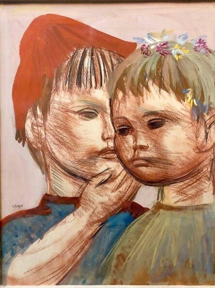 Josef Presser, ‘Polish Expressionist Profile Portrait Drawing TWO CHILDREN’, Mid-20th Century