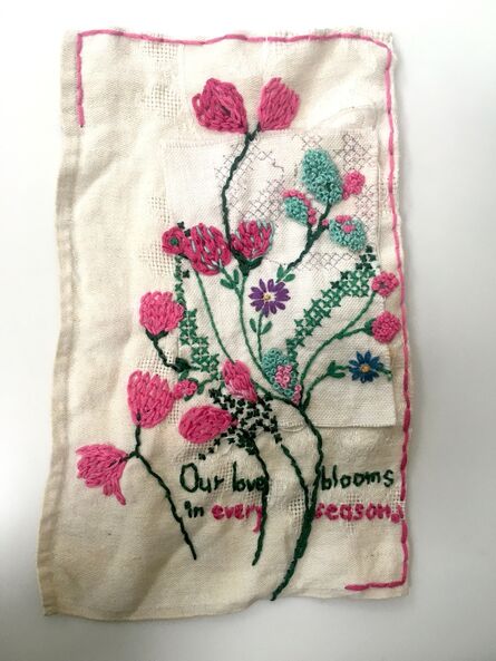 Iviva Olenick, ‘Our Love Blooms - love narrative embroidery on vintage fabric with flowers’, 2019