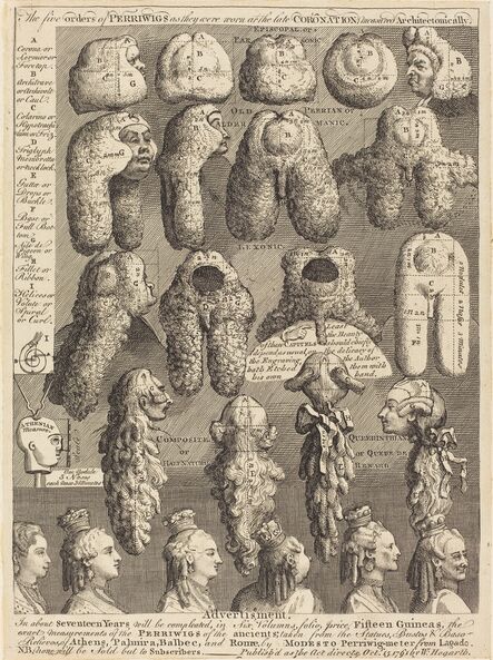 William Hogarth, ‘The Five orders of Perriwigs as they were worn at the late Coronation, measured Architectonically’, 1761