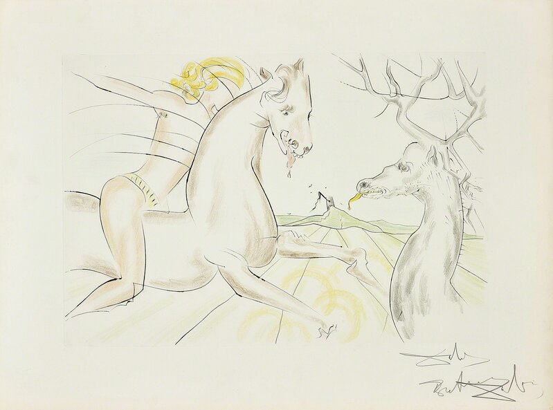Salvador Dalí, ‘Le Cheval qui voulait se venger du cerf, from Le Bestiaire de La Fontaine Dalinisé (The Horse that Wanted Revenge on the Stag, from La Fontaine's Bestiary Dalinized)’, 1974, Print, Drypoint with extensive hand-colouring in coloured pencil, on Arches paper, with full margins., Phillips