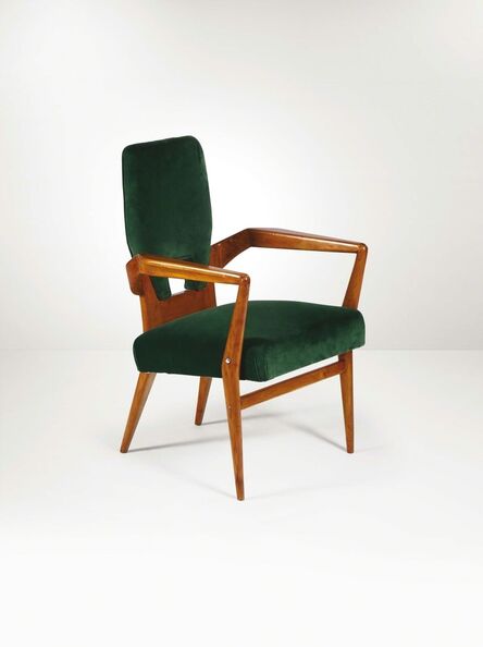 Attributed to Augusto Romano, ‘An armchair with a wooden structure and green fabric upholstery’, 1950 ca.