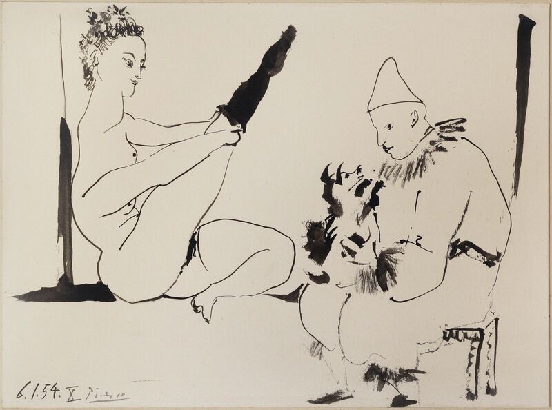 Pablo Picasso, ‘Circus People with Dog’, 1954, Drawing, Collage or other Work on Paper, Ink on paper, Richard Nagy Ltd.