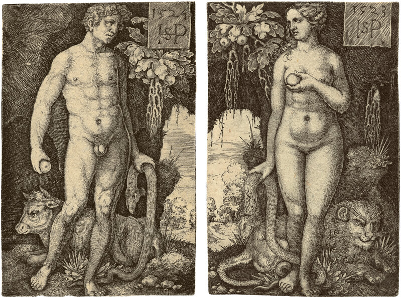 Hans Sebald Beham, ‘Adam Standing, Eve Standing’, 1524-1523, Print, 2 Engravings on paper, Helmut H. Rumbler Kunsthandel