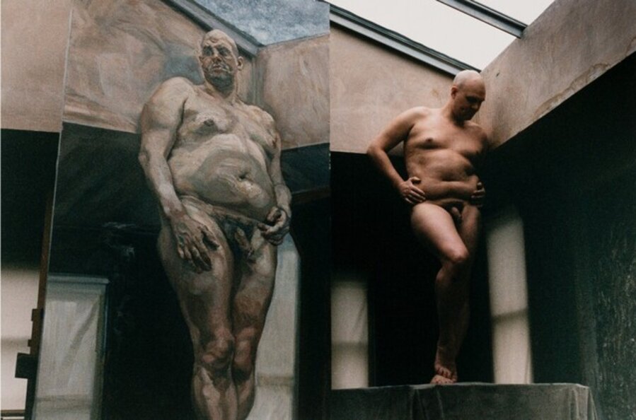 Leigh Bowery breaking his pose for painting by Lucian Freud,