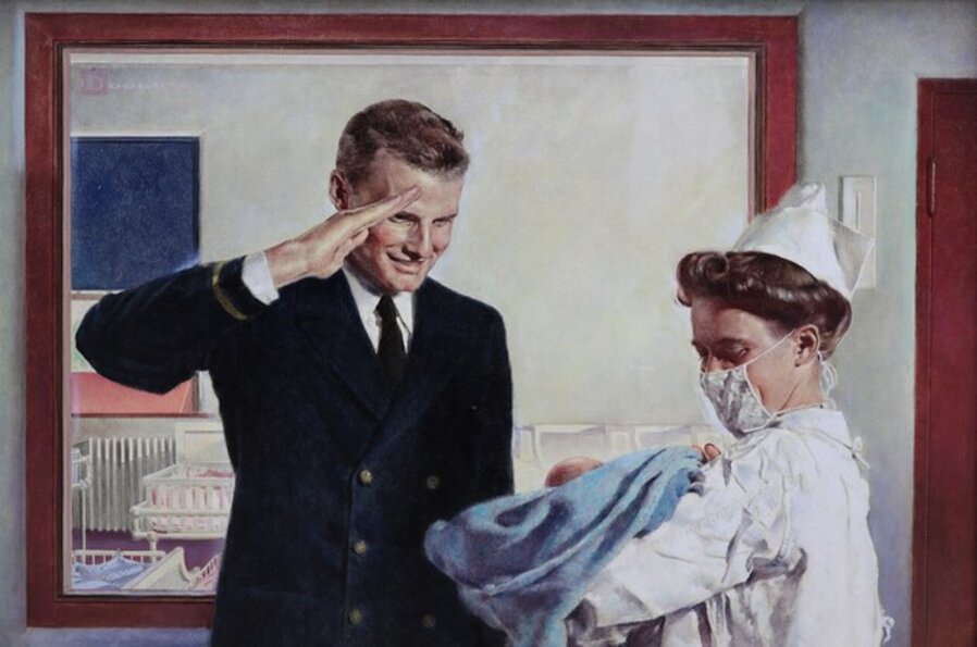 “Hi’ya Skipper.” Naval Officer Saluting Newborn Baby. WWII War Bond Advertisement