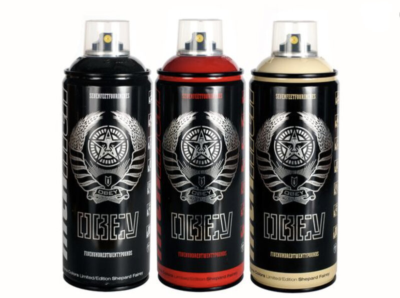 Shepard Fairey, ‘'OBEY x Montana' Spray Can Set’, 2012, Sculpture, Set of 3 Spray Cans by MTN Colors featuring the artwork of Shepard Fairey., Signari Gallery
