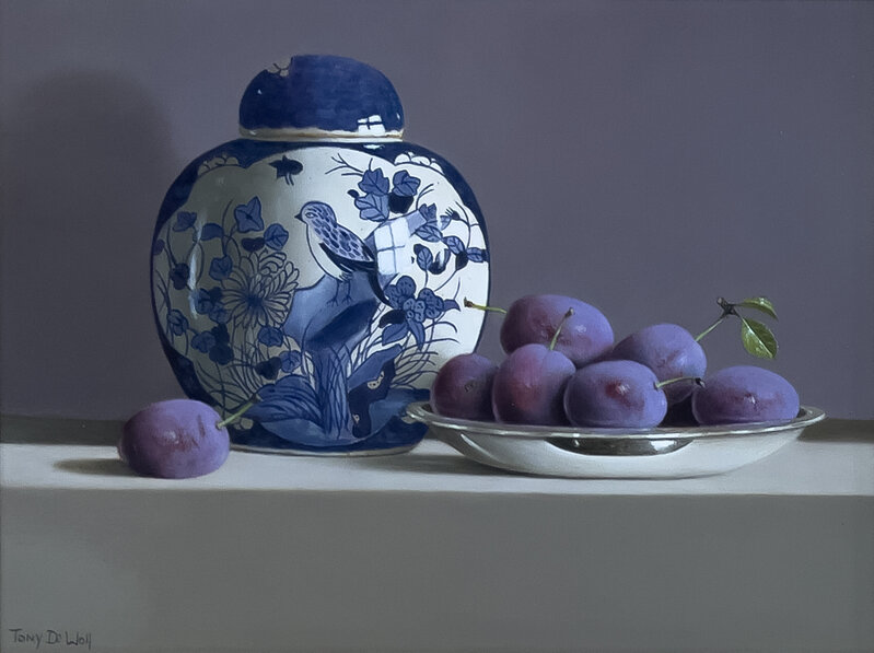 Tony de Wolf, ‘Porcelain Vase with Plums in Silver Dish’, 2022, Painting, Oil on panel, Thompson's Galleries
