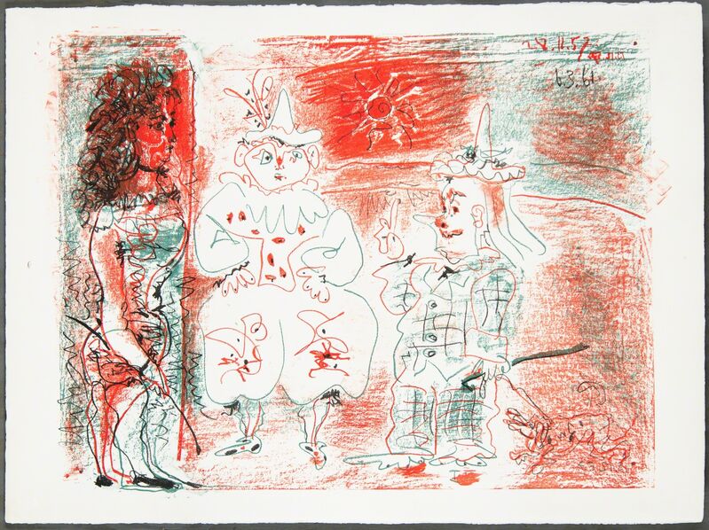 Pablo Picasso, ‘L’ECUYÈRE ET LES CLOWNS (The Horsewoman and the Clowns)’, 1961, Print, Original lithograph printed in three colors (red, green, black) on wove paper bearing the Arches block letter watermark., Christopher-Clark Fine Art