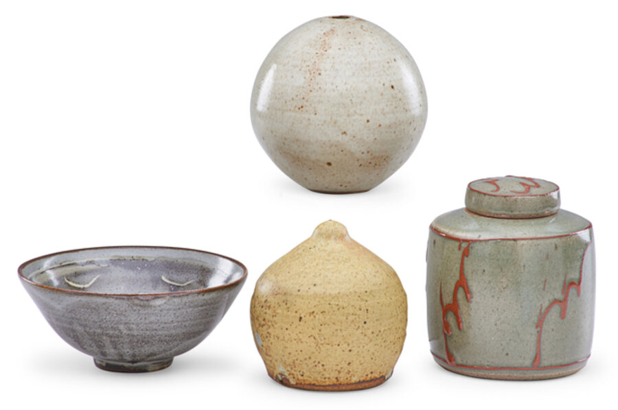 Small bowl, tea caddy and spherical vessel by David Leach, and conical sculpture by Warren Mackenzie, England/USA