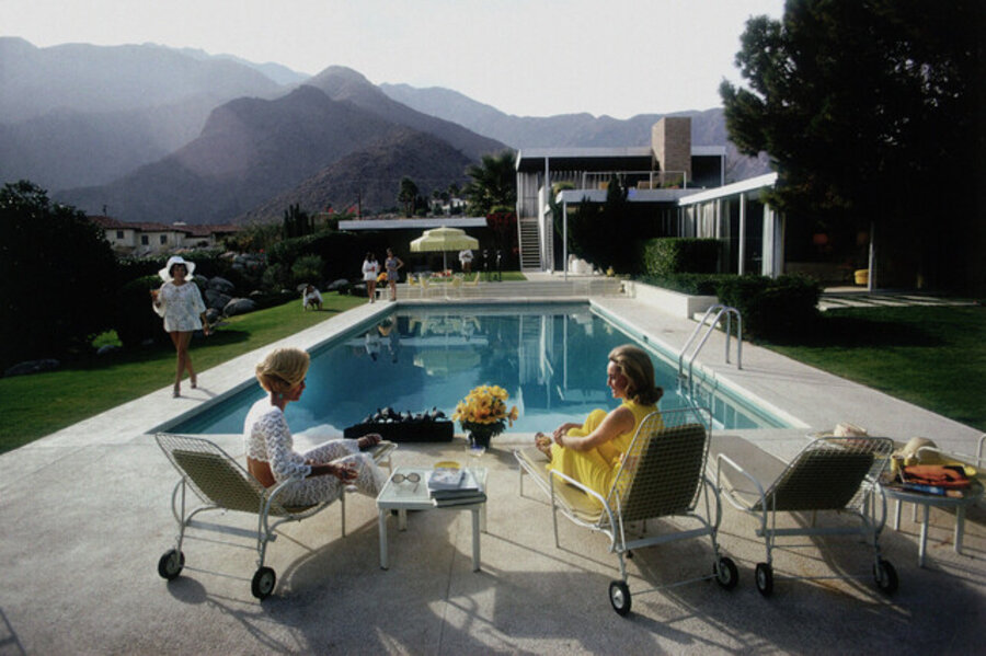 Poolside Gossip: Lita Baron, Nelda Linsk, Helen Dzo Dzo at the Richard Neutra-designed house of Edgar Kaufman