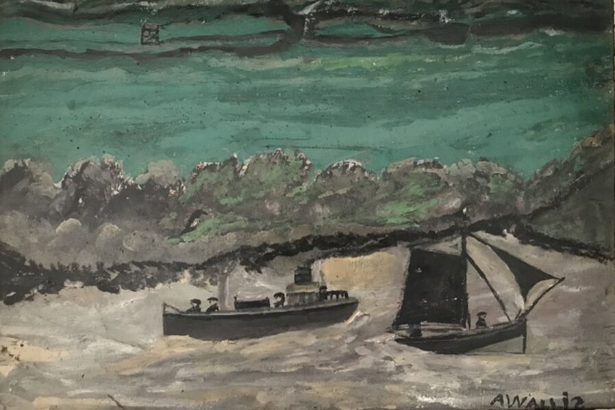 Cutter and Sail Boat in Grey Harbour with green sea and shore with gate behind