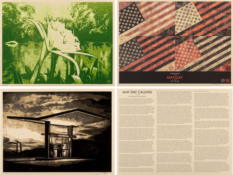 Shepard Fairey, ‘Spider Lily, May Day Calling, and America's Favorite (Silver)’, 2009/2010, Print, Screenprints in colors on speckled cream paper, Heritage Auctions
