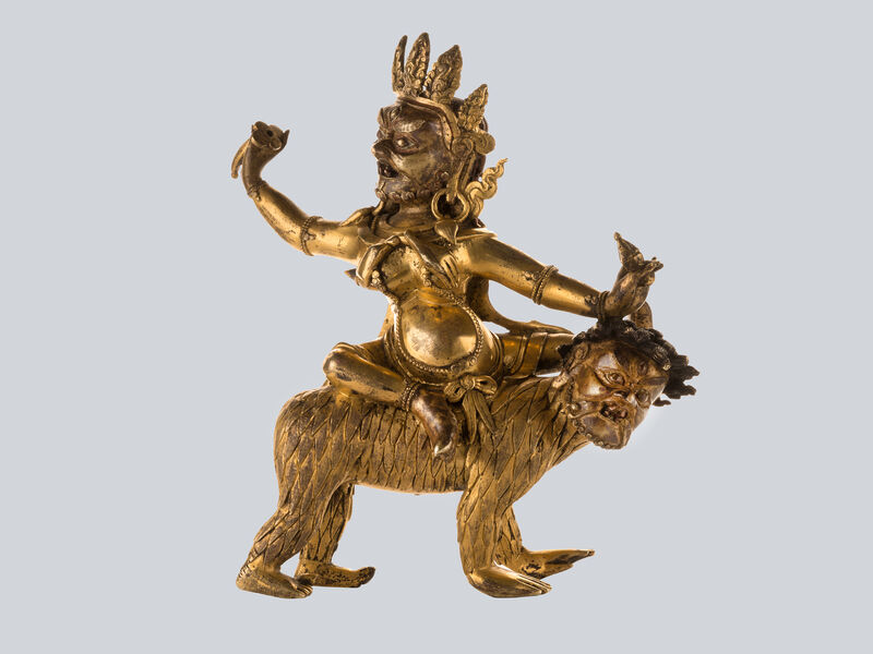 Bronze Sculpture, ‘A Gilt Bronze Figure of Dongmarma Riding a Demon Rakshasa(Buddha), Tibet, 18th Century, 25cm.’, Sculpture, Arman Antiques Gallery