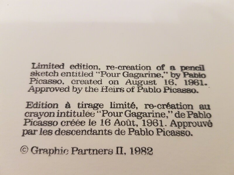 Pablo Picasso, ‘Pour Gagarine (Youri Gagarine), 1961’, 1982, Print, Lithograph on Arches Paper, Cerbera Gallery