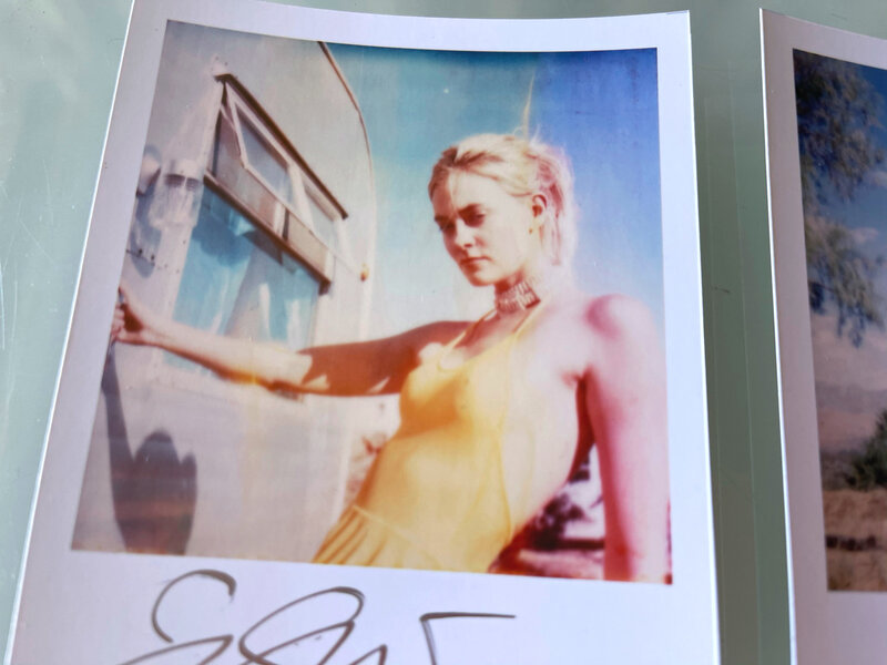 Stefanie Schneider, ‘Caitlin aka Jane Bond & Miss Moneypenny with Beach Ball (Heavenly Falls) - signed, loose’, 2016, Photography, 2 Digital C-Prints, based on 2 Polaroids, Instantdreams