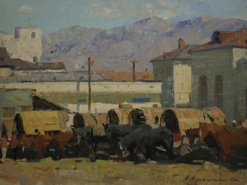 Aleksandr Timofeevich Danilichev, ‘Fair in a Romanian Village’, 1960, Painting, Oil on cardboard, Surikov Foundation