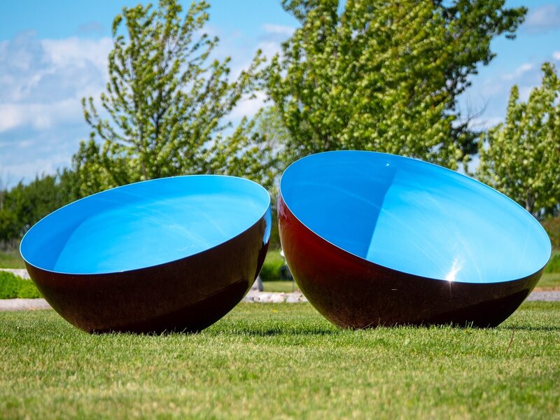 Marlene Hilton Moore, ‘Singing Bowl Cerulean Sky Large - outdoor stainless steel sculpture in blue’, 2018, Sculpture, Aerospace painted spun stainless steel, Oeno Gallery
