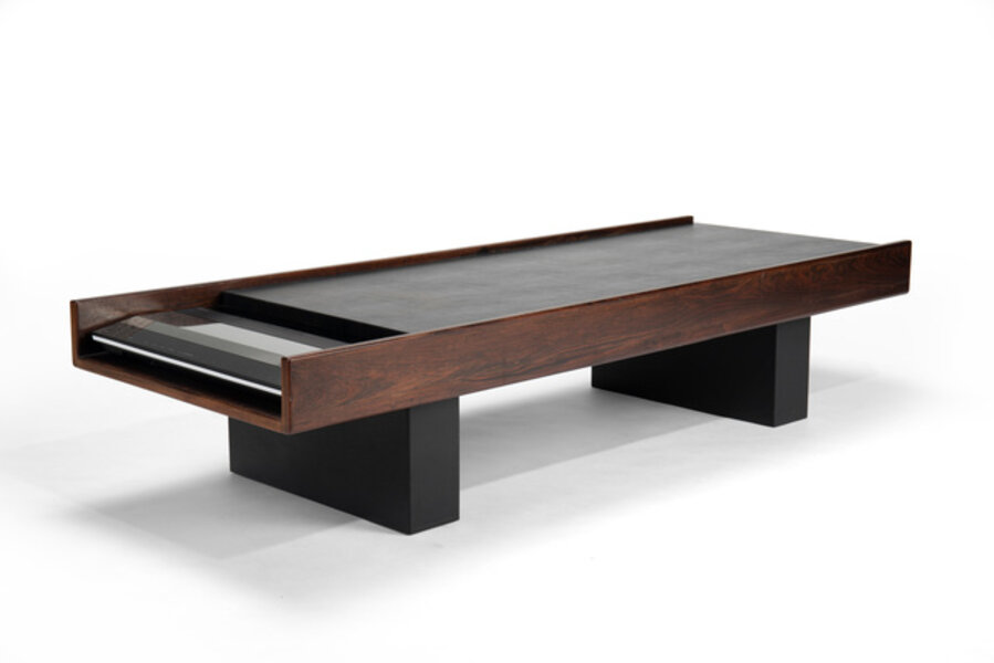 A John Scott for Bang & Olufsen custom designed low table/stereo system in dark walnut and textured black vinyl