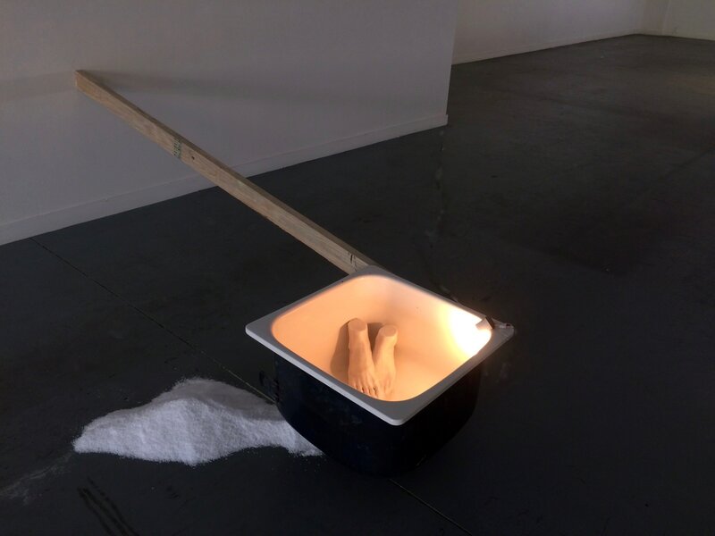 Francesco Albano, ‘Castaway (Ex Voto)  (feet)’, 2016, Sculpture, Sink,wood,wax,polyester resin plastic film roll,light bulb,cocking salt, Robert Kananaj Gallery
