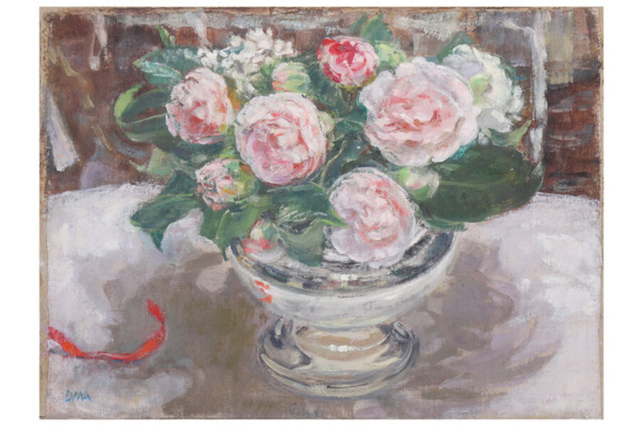 Camellias in a silver rose bowl
