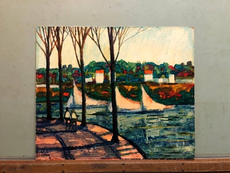 Donald Roy Purdy, ‘River Walk, American Modernist Oil Painting Landscape with River and Boats’, 20th Century, Painting, Oil Paint, Board, Lions Gallery