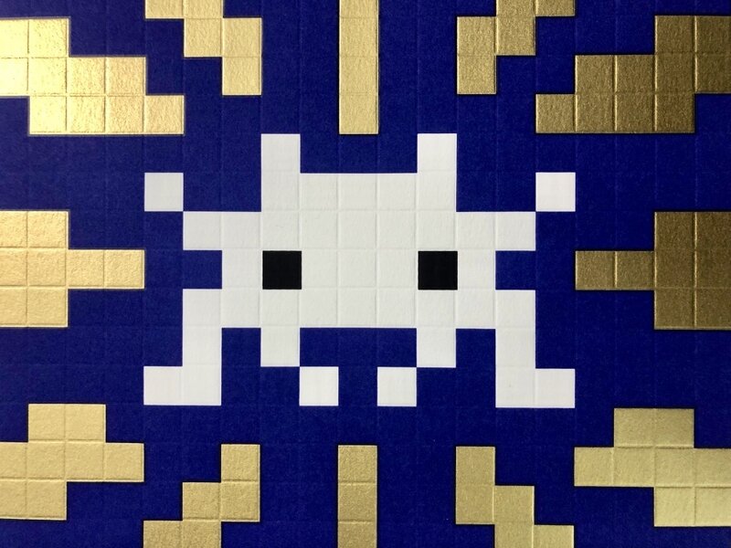 Invader, ‘Sunset - Blue / Gold’, 2018, Print, Embossed screen-print on white art paper with metallic gold ink, Blackline Gallery