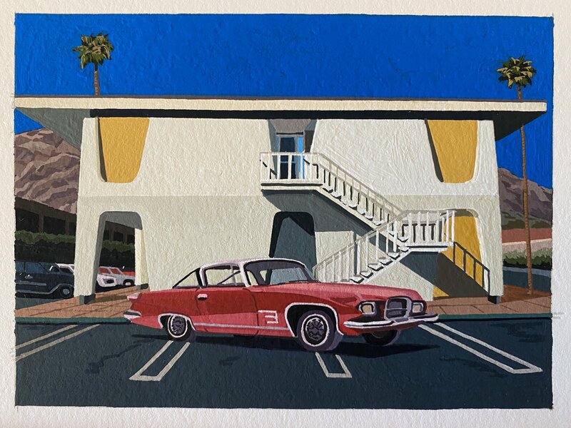 Andy Burgess, ‘1961 Chrysler Ghia 6.4L in front of the Palm Patencio Building in palm Springs ’, 2020, Drawing, Collage or other Work on Paper, Gouache on Watercolour Paper, Cynthia Corbett Gallery