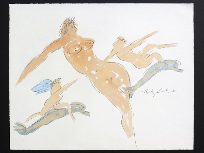 Reuben Nakian, ‘Nymph with Cupids and Dolphins’, 1982-1985, Drawing, Collage or other Work on Paper, Black litho crayon and colored wash, Cavalier Ebanks Galleries