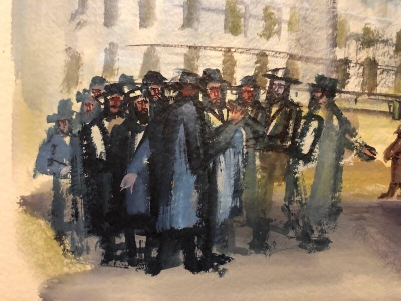 Ervin B. Nussbaum, ‘Modernist American Judaica Painting Jewish Men Outside Synagogue Eastern Parkway’, 1970-1979, Painting, Gouache, Lions Gallery