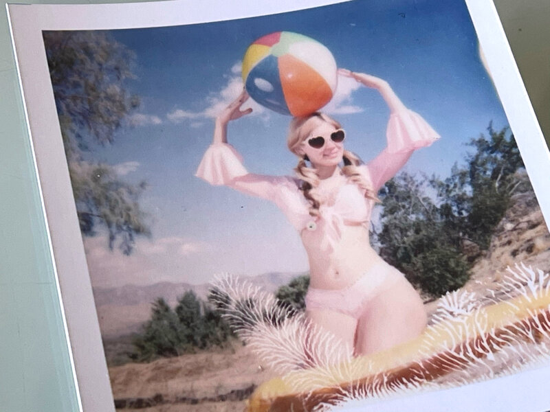 Stefanie Schneider, ‘Stefanie Schneider Polaroid sized Minis - Miss Moneypenny with Beachball (Heavenly Falls) - signed, loose’, 2016, Photography, Digital C-Print, based on a Polaroid, Instantdreams
