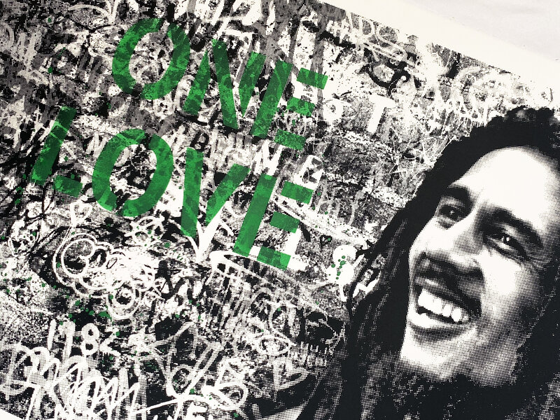 Mr. Brainwash, ‘'Happy Birthday Bob Marley (One Love)' (green)’, 2019, Print, Single-color screen print on deckled edge 300gsm fine art paper. Hand-finished with water color and spray-painted 'One Love' stencil., Signari Gallery
