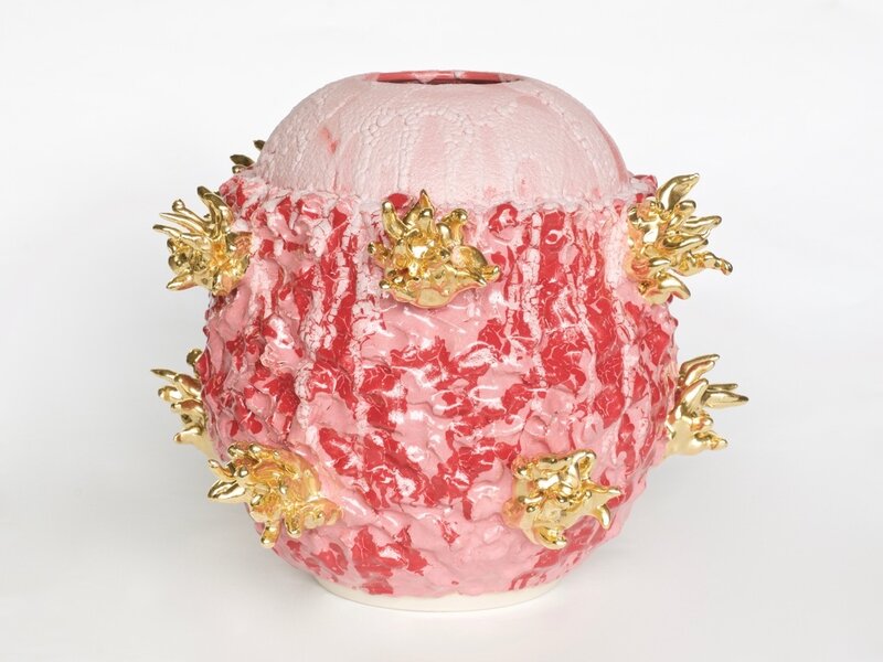 King Houndekpinkou, ‘Cavilux – Golden Fireworks Over Sakura’, 2017, Sculpture, White stoneware from Westerwald (Germany), multiple glazes (pink, white, crawling bright pink), gold lustre, Sarah Scout Presents