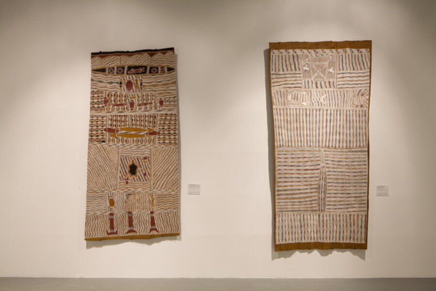Installation view of Saltwater Yirrkala bark paintings