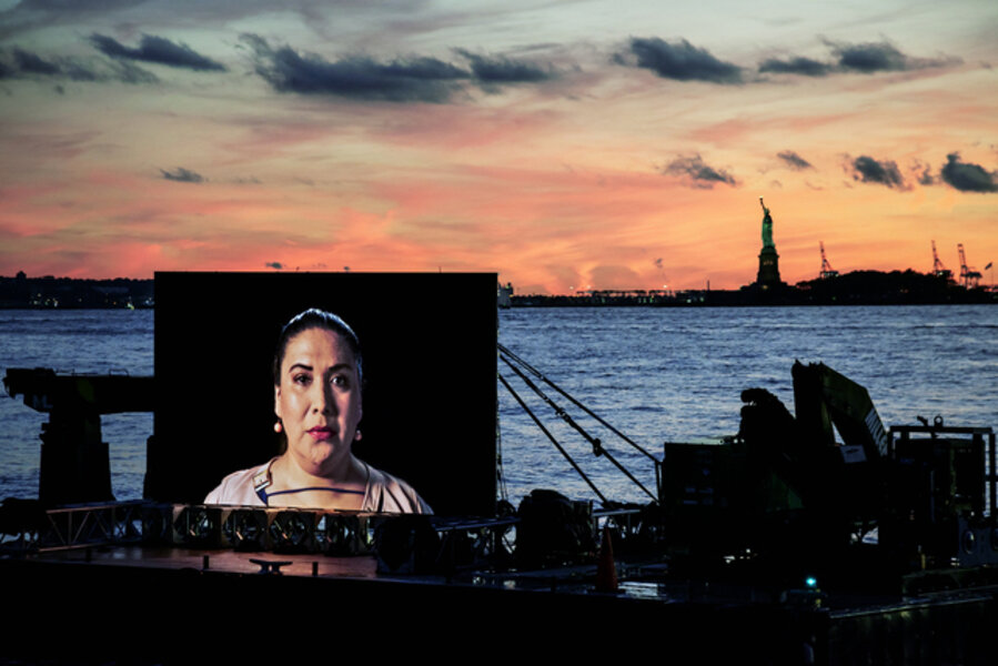 Night Watch (Mikaela with Liberty), 20' wide LED screen on barge, Hudson River