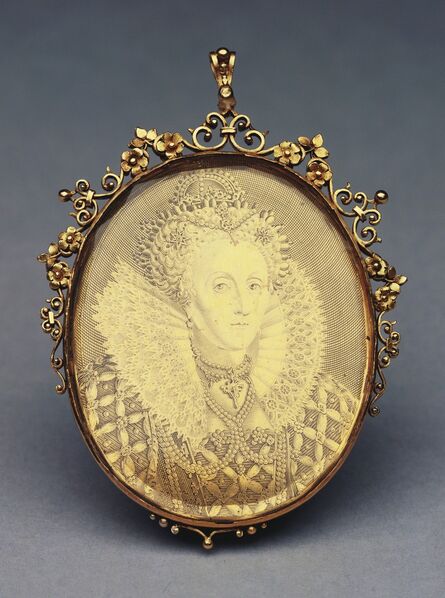 Simon van de Passe, ‘England. Elizabeth I engraved medallic portrait in an ornate gold glazed mount with integral loop for suspension.’, ca. 1616