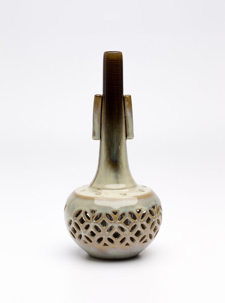 Miraku Kamei XV, ‘Flower vase (hanaire) with ear-shaped handles, shippo design openwork, and white glaze’, ca. 2019