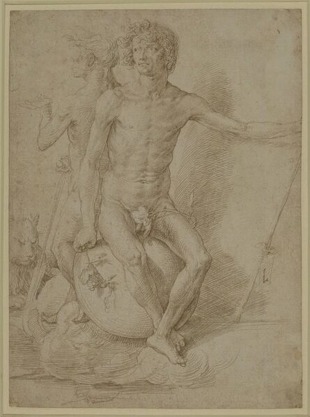 Lucas van Leyden, ‘Two nude allegorical figures seated back-to-back on a sphere’, c. 1516