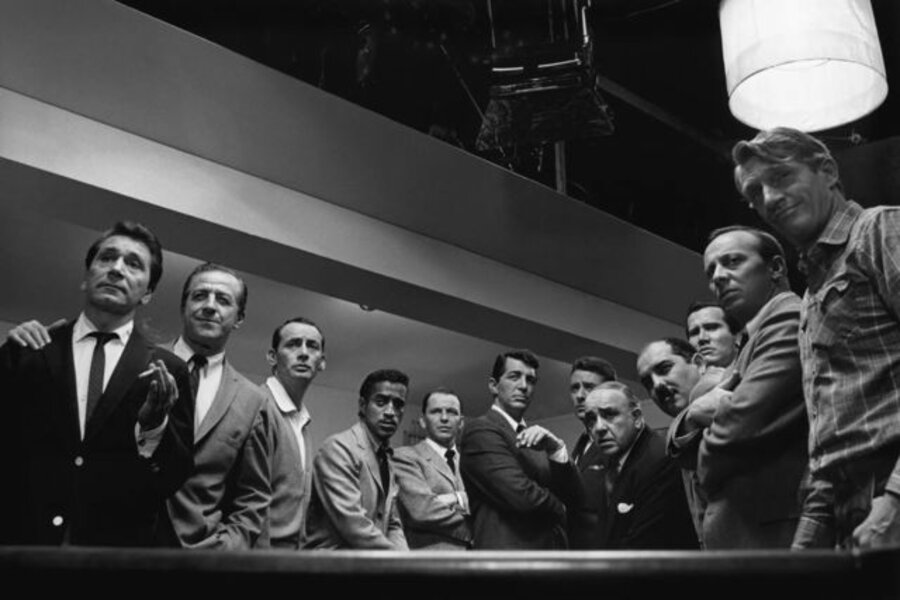 Cast of "Ocean's 11" (from left to right - Nick Conti, Jerry Lester, Joey Bishop, Sammy Davis, Jr., Frank Sinatra, Dean Martin, Peter Lawford, Akim Tameroff, Richard Benedict, Henry Silva, Norman Fell, and Clem Harvey)