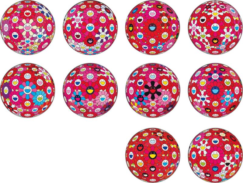 Takashi Murakami, ‘Groping for the Truth; Flowerball (3D) – Turn Red!; Flowerball (3D) – Red, Pink, Blue; Flowerball (3D) – Papyrus; Flowerball (3D) – Blue, Red; Thoughts on Picasso; There is Nothing Eternal in this World. That is Why You are Beautiful; Hey! You! Do You Feel What I Feel?; Flowerball (3D) – Red Ball; and Comprehending the 51st Dimension’, 2013-2015, Print, Ten offset lithographs in colours, on smooth wove paper, the full sheets., Phillips
