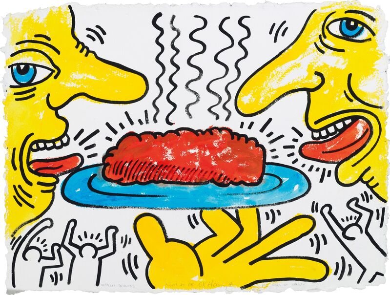 Keith Haring, ‘Meatloaf Drawing for Meals on Wheels’, 1987, Drawing, Collage or other Work on Paper, Gouache and India ink on paper, Omer Tiroche Gallery