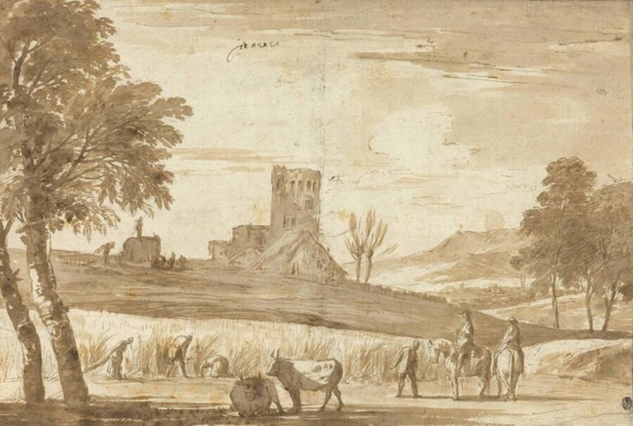 A landscape with harvesters watched by men on horseback, a castle beyond