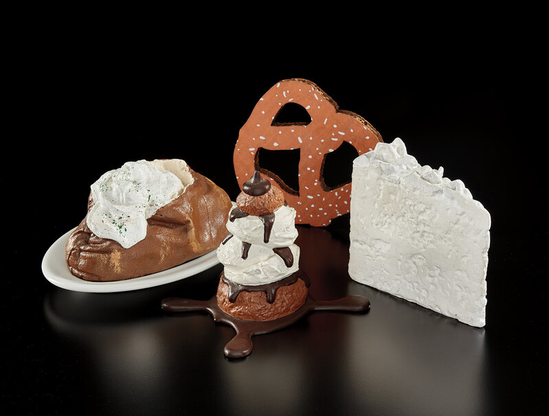 Claes Oldenburg, ‘Wedding Souvenir; Baked Potato; Profiterole; and N.Y.C. Pretzel (P. 5; P. 3; G. 1457, P. 22; A. & P. 250.1)’, 1966-1994, Sculpture, Four multiples, one in cast plaster with hand-painting, one in cast resin with hand-painting with original Shenango china dish, one in cast aluminum with hand-painting and one screenprint in colors on three-ply cardboard., Phillips