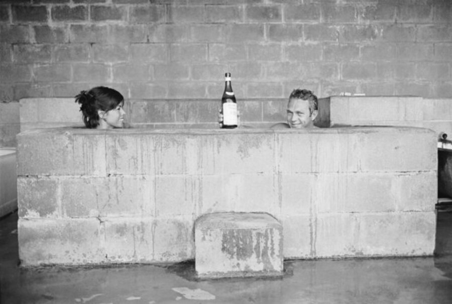Steve McQueen and his wife, Neile Adams, taking a sulphur bath, California