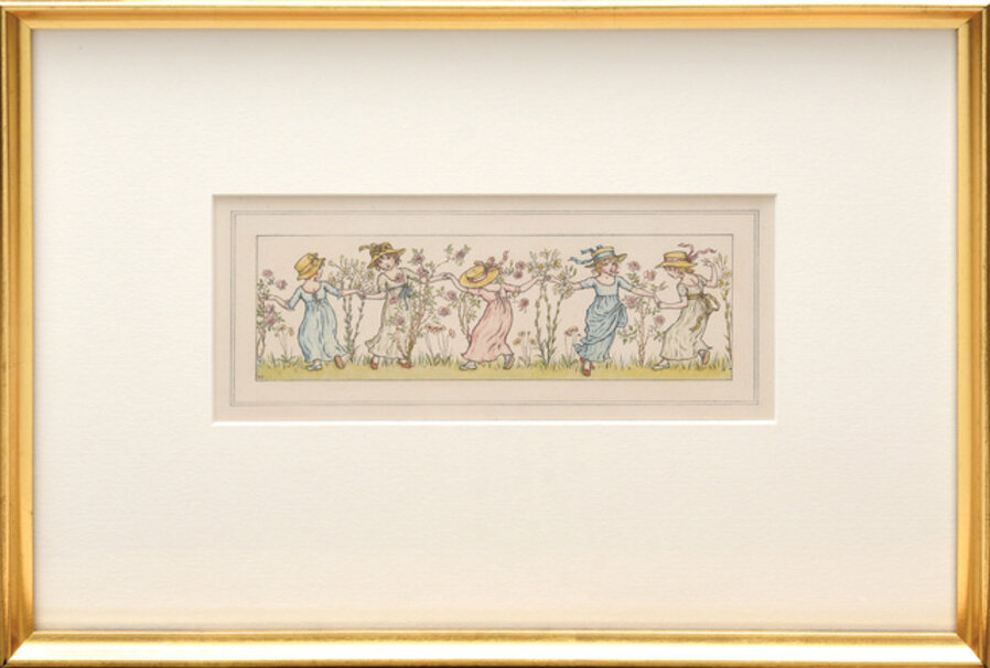 Five small girls dancing among rose bushes.