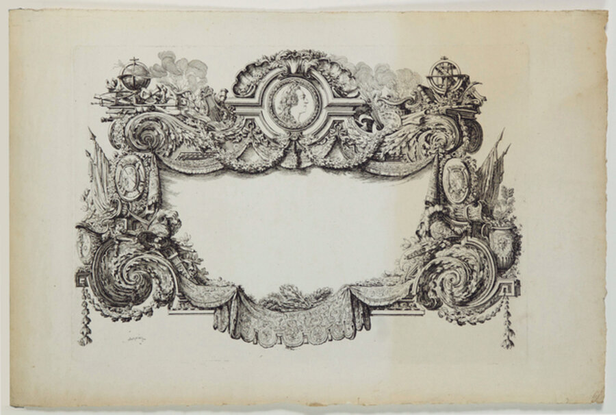 Cartouche richement orné d'un portrait en médaillon de Louis XV et les attributs des arts et des sciences.