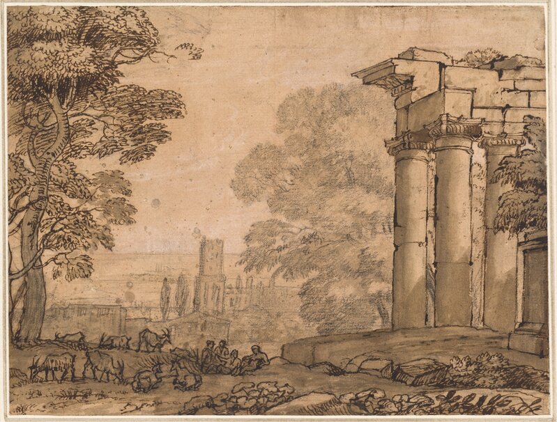 Claude Lorrain, ‘Landscape with Ruins, Pastoral Figures, and Trees’, ca. 1650, Drawing, Collage or other Work on Paper, Pen and brown ink with graphite and brown wash over black chalk, heightened with white chalk, on apricot-prepared paper, National Gallery of Art, Washington, D.C.