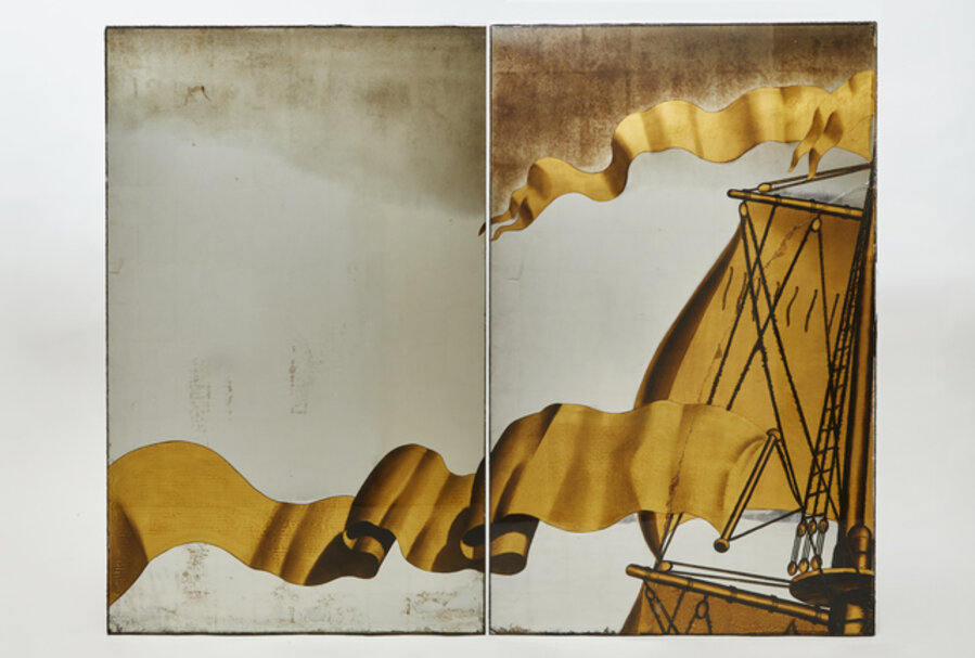 Diptych of Exceptional Verre Eglomise Panels from the Mural "The Rape of Europa" on the SS Normandie